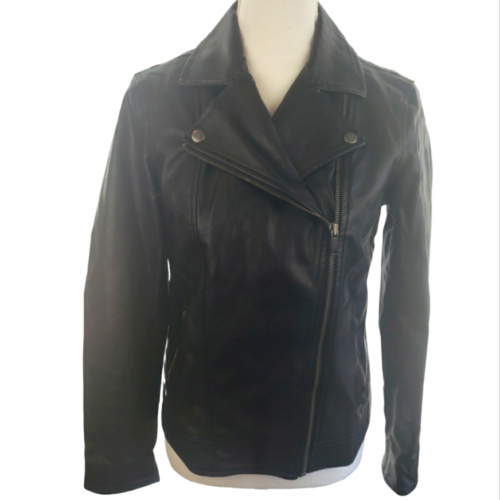 Old Navy Faux Leather Moto Jacket Size Small in Black Full Asymetrical Zip